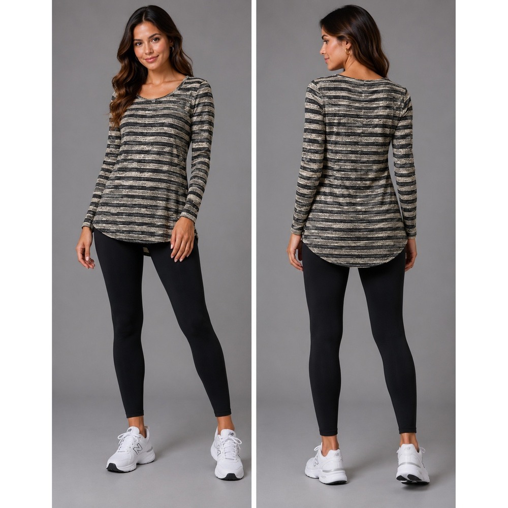 LuLaRoe Perfect T Tunic Women Small Tan Black Geometric Stripe Long Sleeve Top